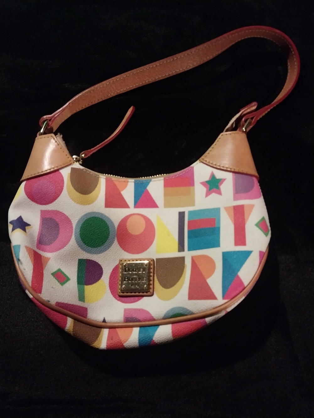 Dooney & Bourke Multicolor Logo Crescent Shoulder Bag with Tan Trim